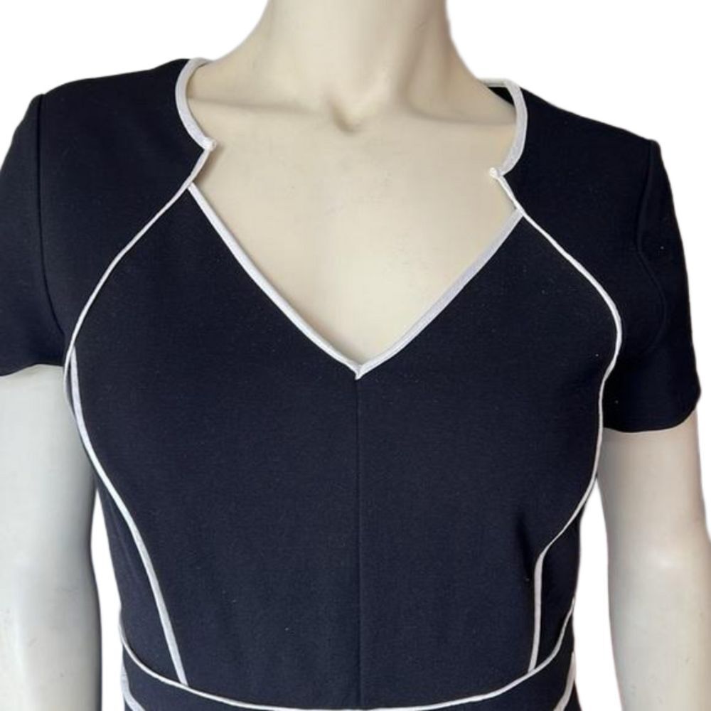 Nue By Shani Black/White V-Neck Piped Detail Tulip Hem Midi Dress. Size 8. - Picture 4 of 10